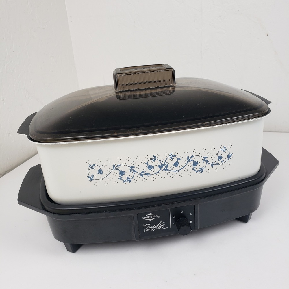 West Bend Slow Cooker White Blue Floral Aluminum Pot Griddle Base Smoked Lid
